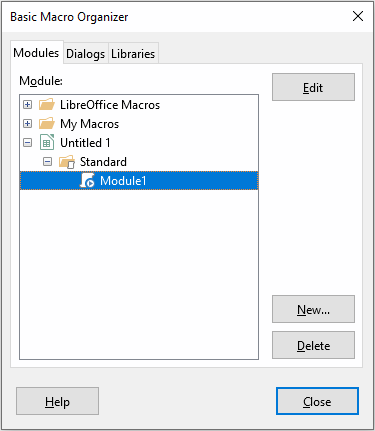 Basic Macro Organizer dialog, Modules tab