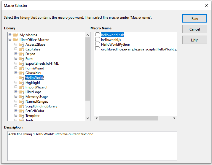 Macro Selector dialog