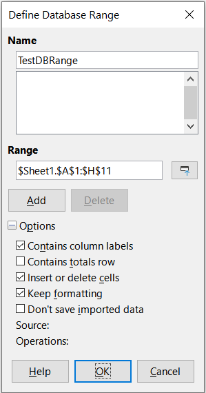 Define Database Range dialog