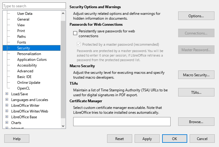 Choosing security options for opening and saving documents