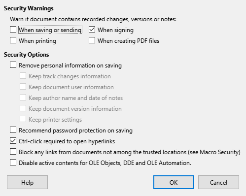 Security Options and Warnings dialog