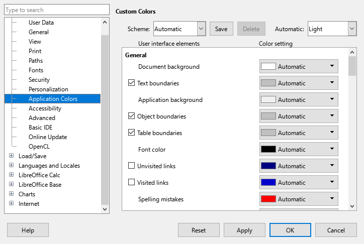 Changing the color of elements in Calc