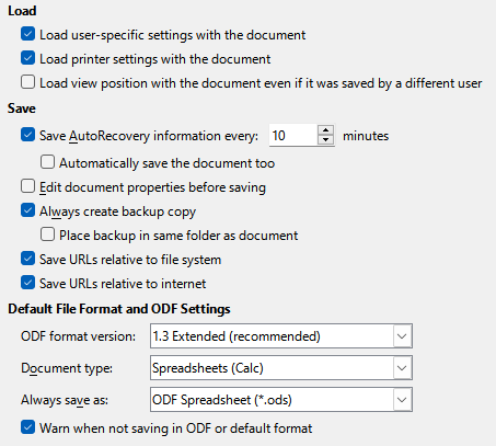 Choosing Load and Save general options