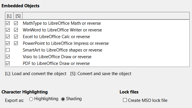 Choosing Load/Save Microsoft Office options