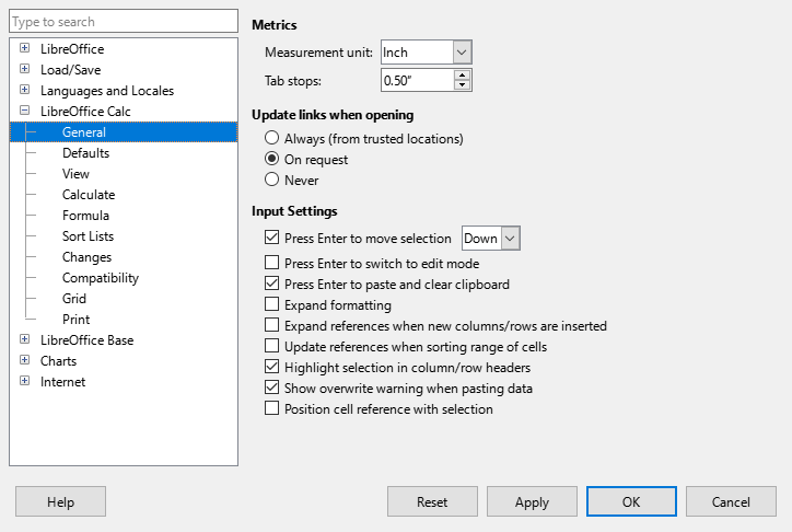 Selecting general options for Calc