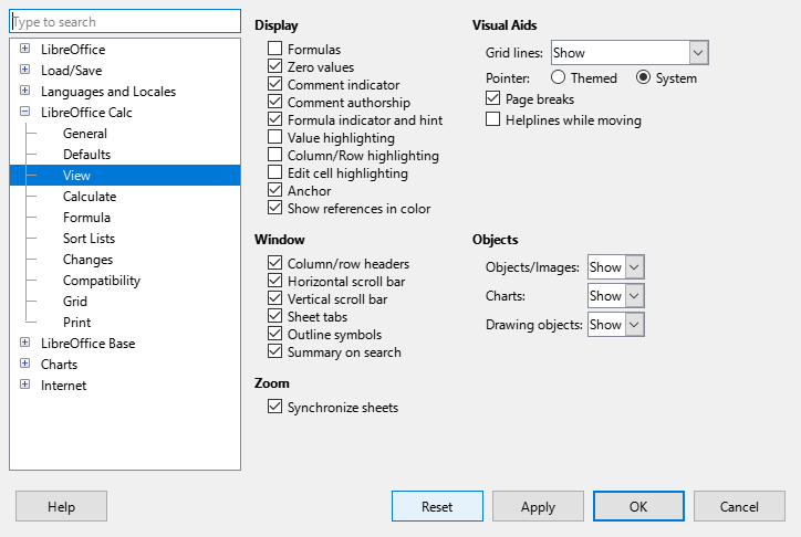 Selecting view options for Calc