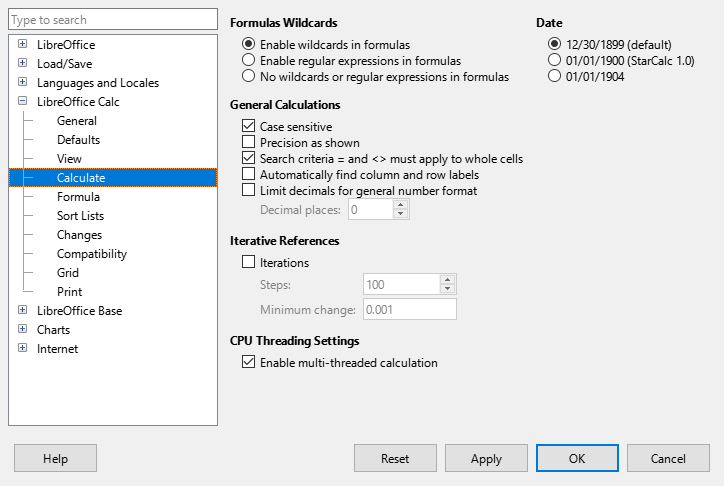 Calc calculation options