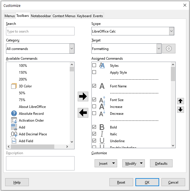 The Toolbars tab of the Customize dialog