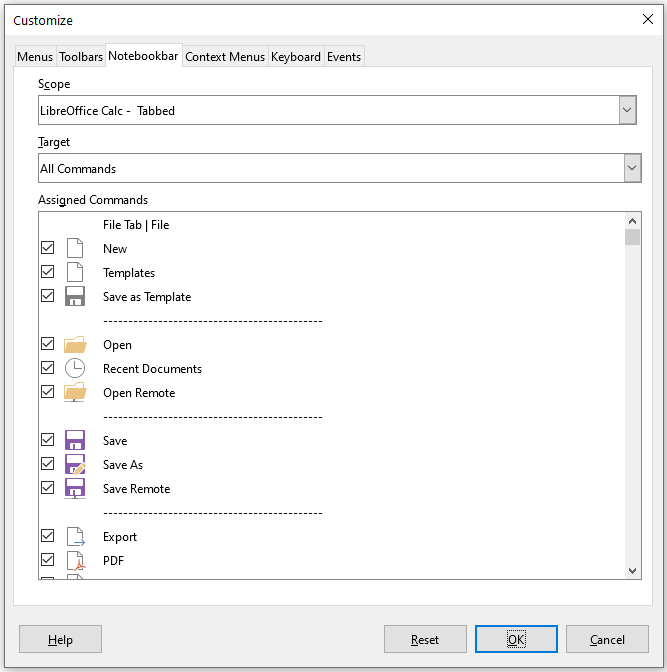 The Notebookbar tab of the Customize dialog