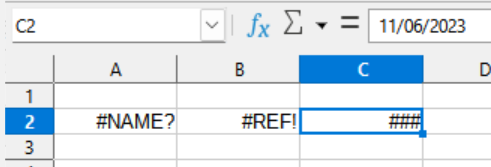 Error codes displayed within cells