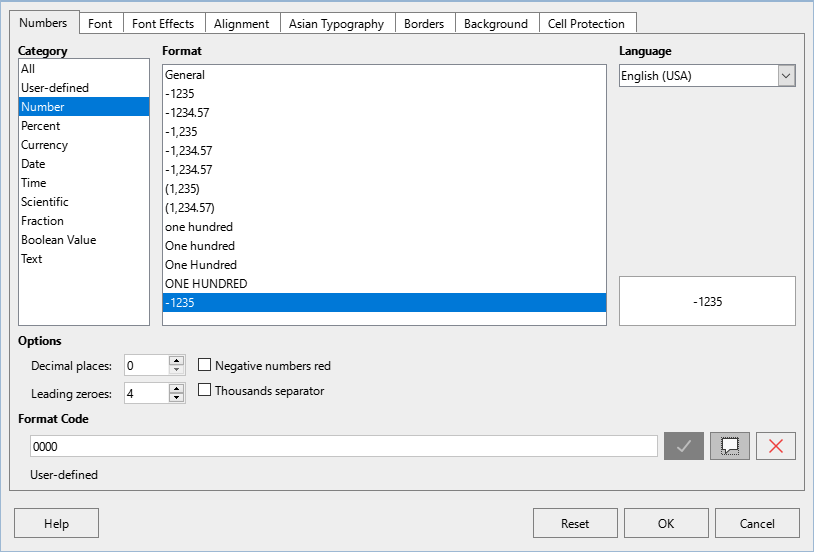 Format Cells dialog – Numbers tab