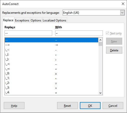 AutoCorrect dialog