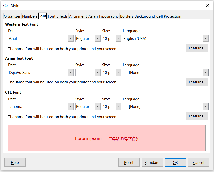 Cell Style dialog – Font tab