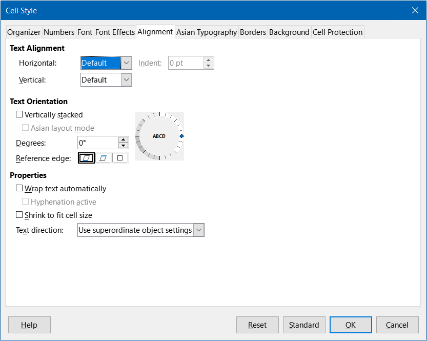 Cell Style dialog – Alignment tab
