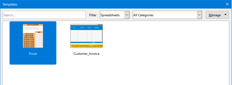 Templates dialog, showing a selected template in thumbnail view