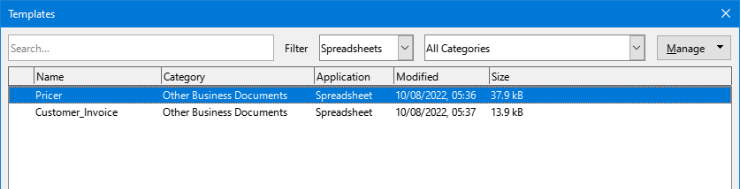 Templates dialog, list view