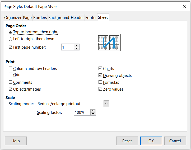 Page Style dialog – Sheet tab
