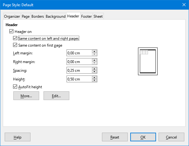 Page Style dialog – Header tab