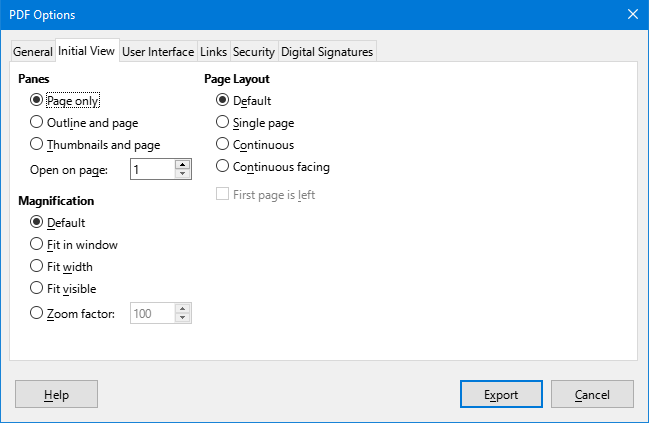 PDF Options dialog – Initial View tab