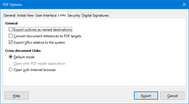PDF options dialog - Links tab