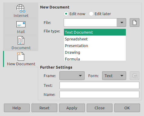 New Document controls on the Hyperlink dialog