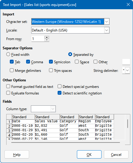 Text import dialog