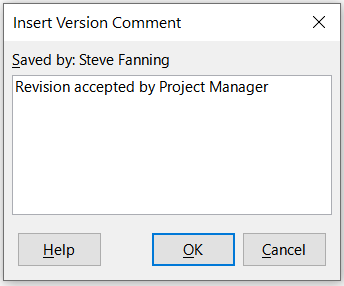 Insert Version Comment dialog