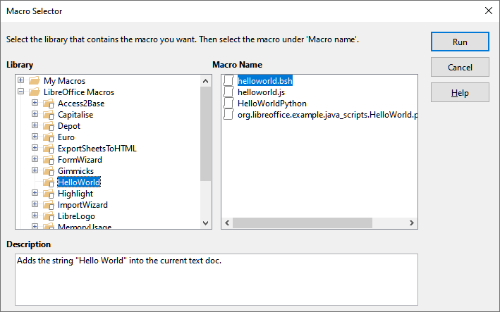 Macro Selector dialog