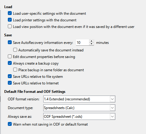 Choosing Load and Save general options
