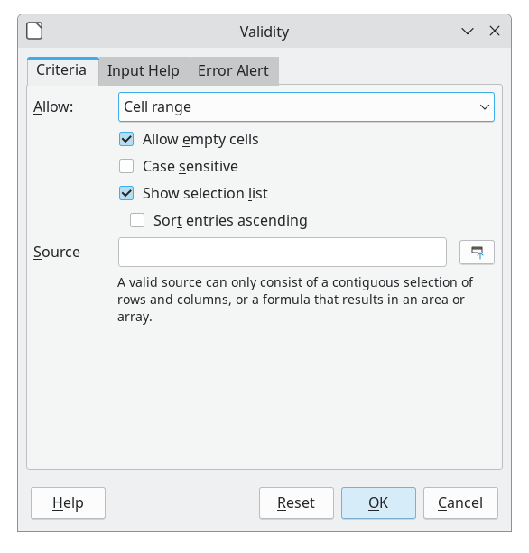 Validity dialog – Criteria tab