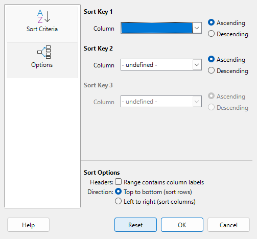 Sort dialog – Sort Criteria tab