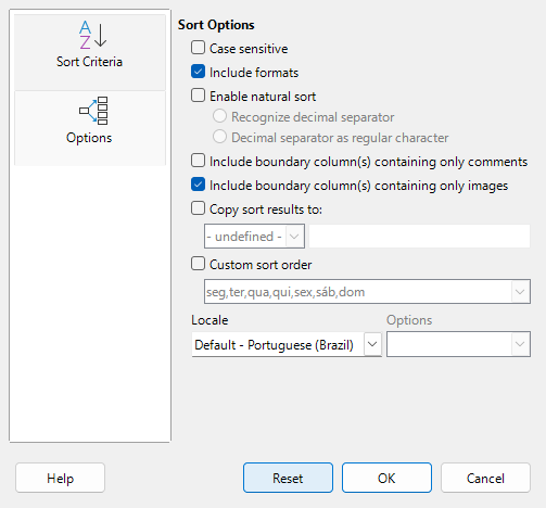 Sort dialog – Options tab