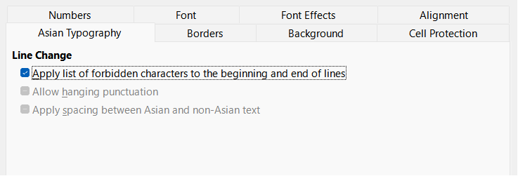 Format Cells dialog - Asian Typography tab