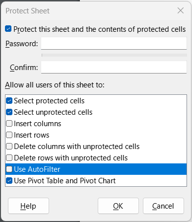 Protect Sheet dialog