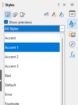 Styles deck in Sidebar, showing cell styles