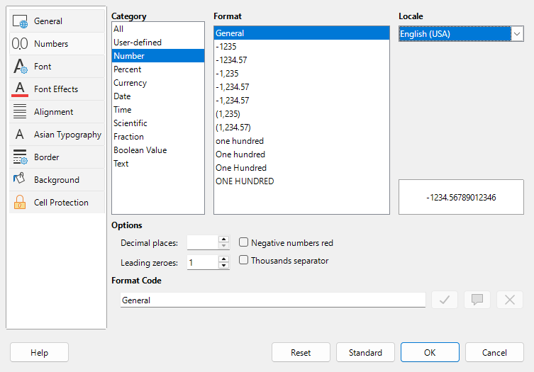 Cell Style dialog – Numbers tab