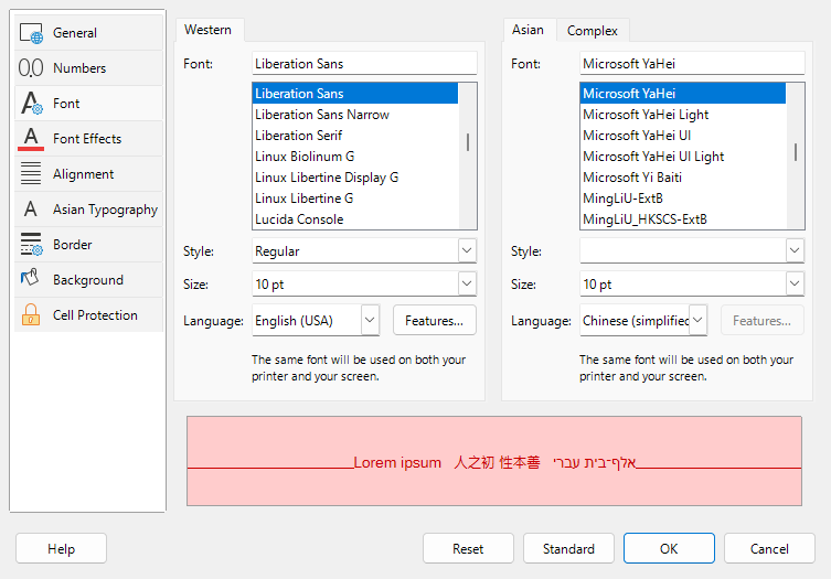 Cell Style dialog – Font tab