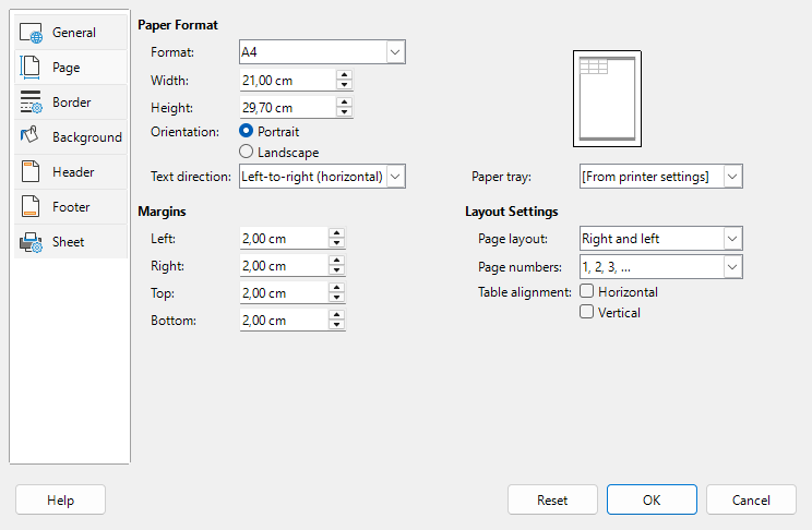 Page Style dialog – Page tab