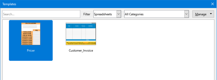 Templates dialog, showing a selected template in thumbnail view