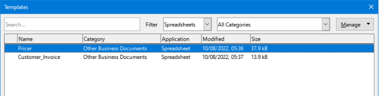 Templates dialog, list view