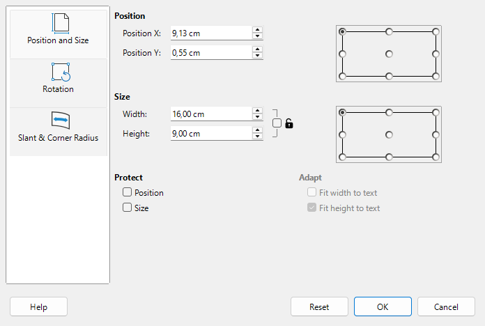 Position and Size dialog – Position and Size tab