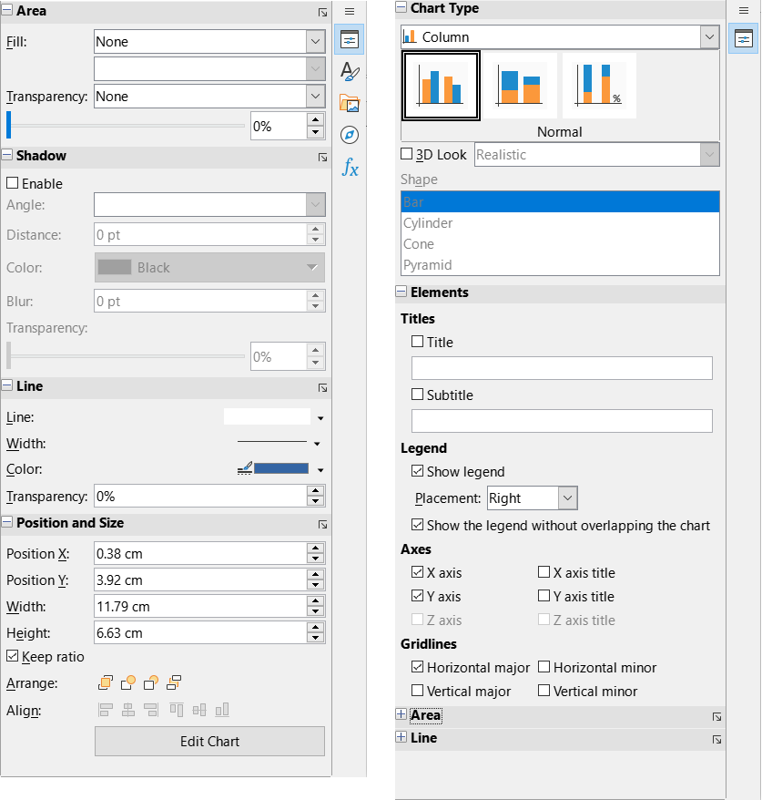 Sidebar Properties deck with chart selected (left) and in edit mode (right)