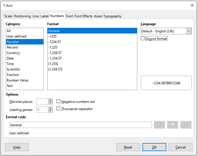 Axis formatting dialog – Numbers tab