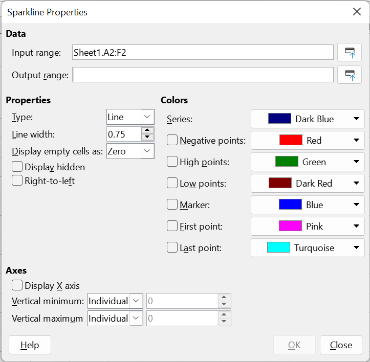 Sparkline Properties dialog (sparkline creation) 