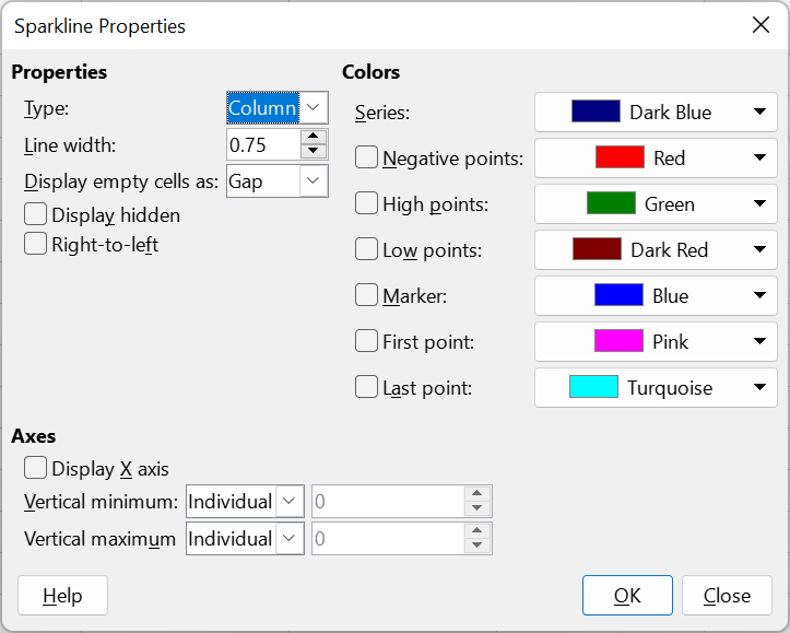 Sparkline Properties dialog (sparkline modification)