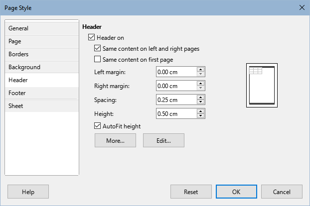 Page Style dialog – Header tab