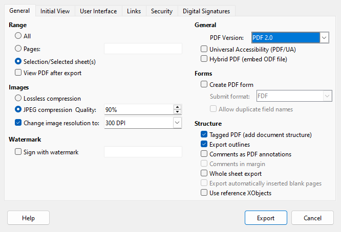 PDF Options dialog – General tab
