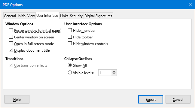 PDF Options dialog – User Interface tab