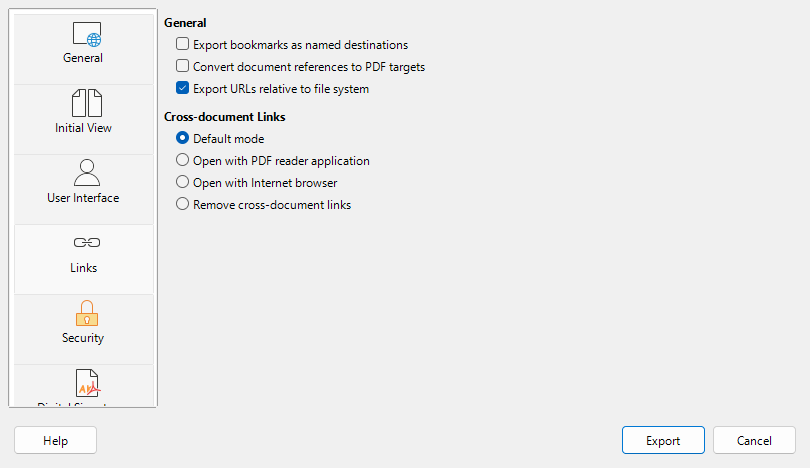 PDF options dialog - Links tab