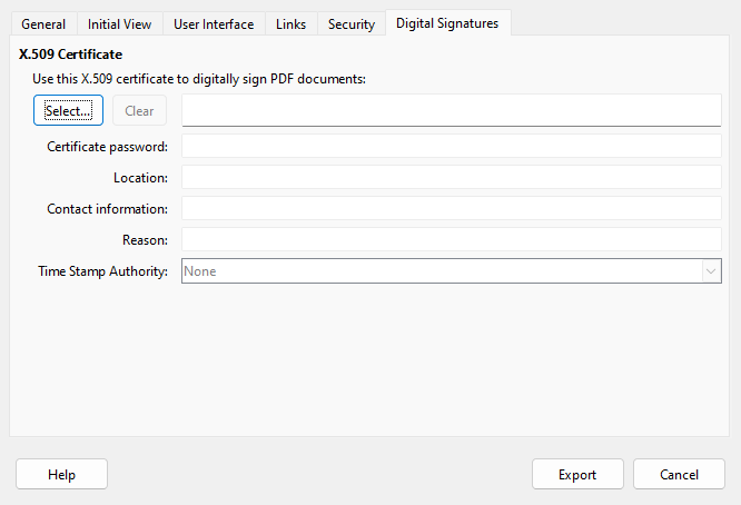 PDF Options dialog – Digital Signatures tab